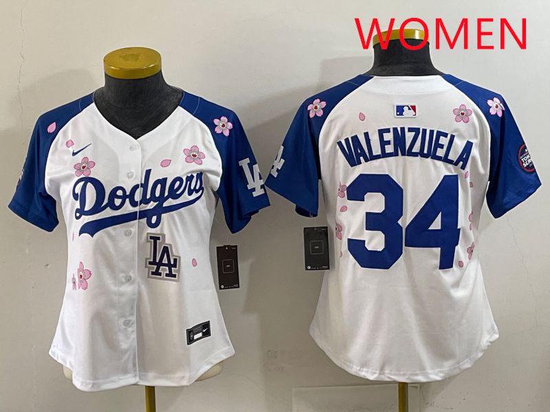 Women Los Angeles Dodgers #34 Valenzuela White Blue Sakura Edition 2025 Nike MLB Jersey style 39